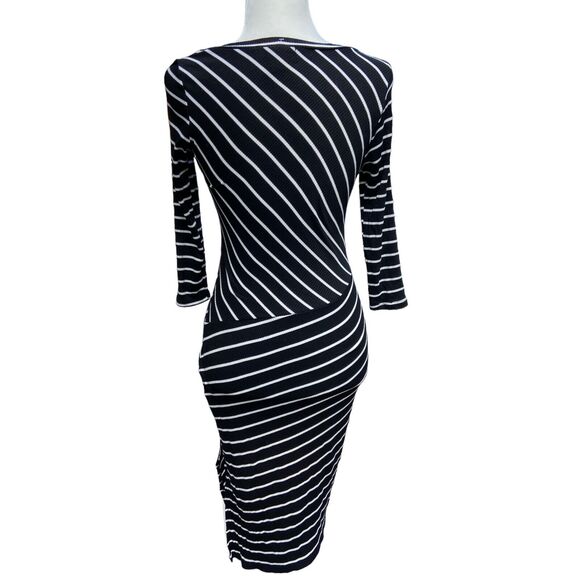 Lulus sz Small Striped‎ Bodycon Dress Black And White Asymmetrical Ribbed Slit - Picture 3 of 6